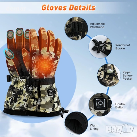 Акумулаторни отопляеми ръкавици Lychee Camouflage, 7.4V, 22.2Wh бързо нагряване, снимка 6 - Ръкавици - 52454364