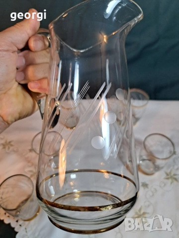 българска луксозна стъклена кана с пет чаши за вино 28/2, снимка 6 - Сервизи - 51838198