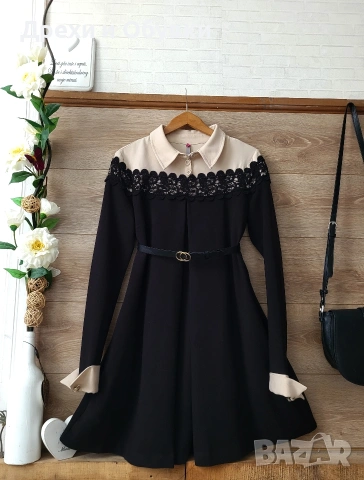 Елегантна рокля с дантела и джобове черно и бежово , снимка 2 - Рокли - 51863448