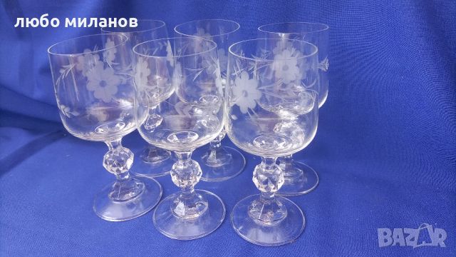 Ретро стъклени чаши за вино, концентрат, ръчна гравюра, столче 6 бр, снимка 1 - Антикварни и старинни предмети - 45998657