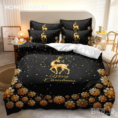 Коледно спално бельо, 100% памук, 6 части Този комплект съдържа:  6 части, двулицев двоен комплект: 