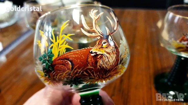 стари френски кристални чаши с ловни мотиви , снимка 5 - Антикварни и старинни предмети - 50587695