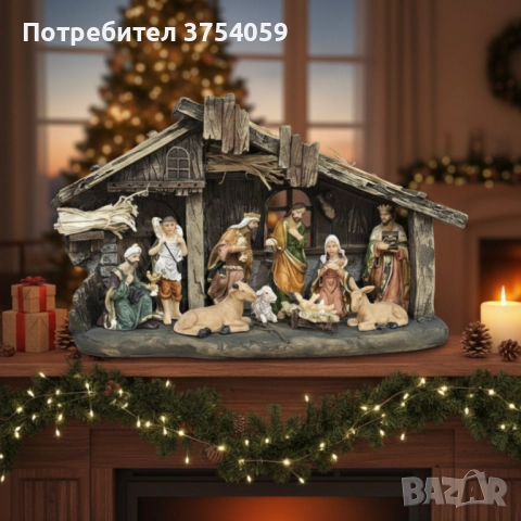 Коледна декоративна сцена с фигурки на Светото семейство – символ на любов и хармония, снимка 1