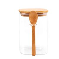 Стъклен квадратен буркан с бамбукова лъжичка и бамбуков капак със силиконово уплътнение,10,5х10см , снимка 1 - Аксесоари за кухня - 45525816