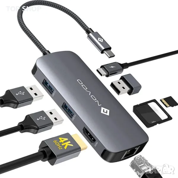 NOVOO USB C HUB HDMI 4K 60Hz, 8 в 1, снимка 1