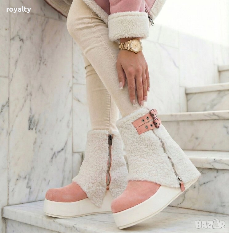 Боти на Платформа - Бежово с Розово Велур, снимка 1