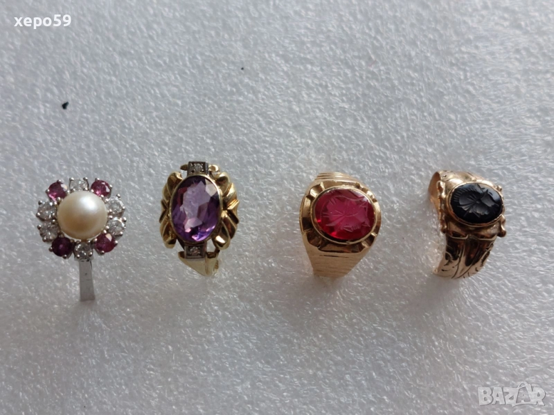 Лот от 4 златни пръстена-диаманти рубин, аметист,оникс,перла,гема,, снимка 1