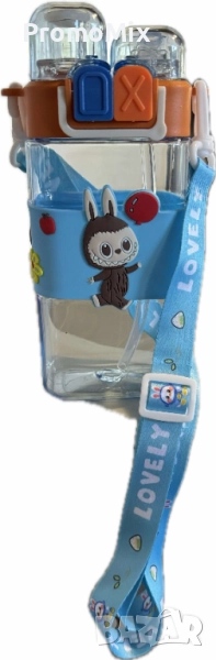 Детска бутилка Labubu 600 мл Лабубу шише регулируема презрамка Детско синьо шише Лабубу, снимка 1