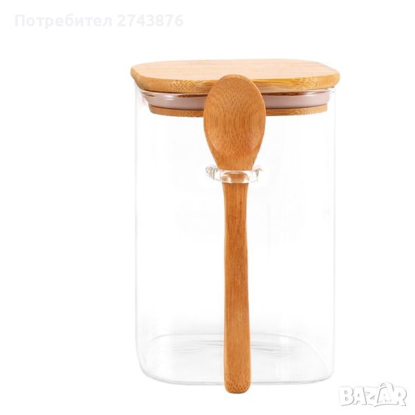 Стъклен квадратен буркан с бамбукова лъжичка и бамбуков капак със силиконово уплътнение,10,5х10см , снимка 1