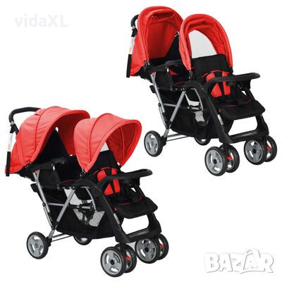 vidaXL Тандемна количка, стомана, червено и черно, снимка 1