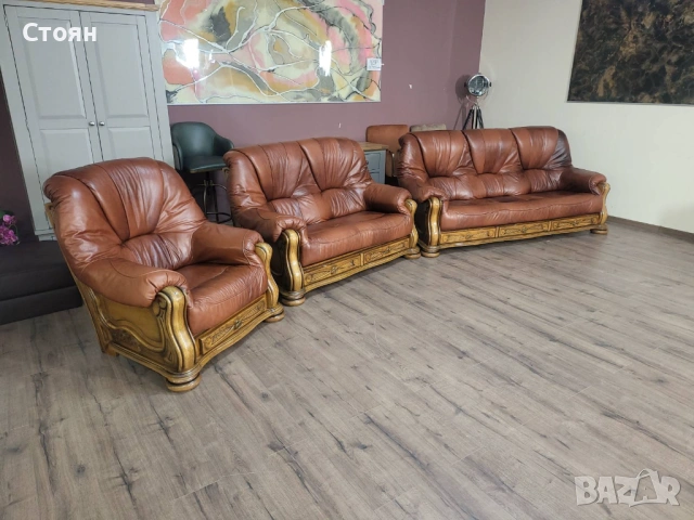 Кафяв комплект дивани тройка,двойка и фотьойл от естествена кожа и дъб, снимка 12 - Дивани и мека мебел - 53754113