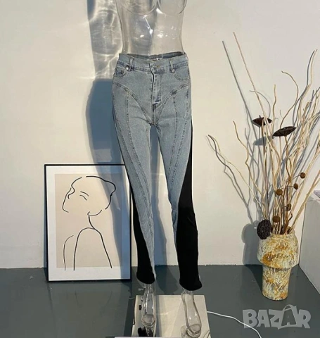 Модни Дамски Джинси Оригинални Корейски Дънки Висока Талия Пачуърк Вталени Разтегаем Модел на MUGLER, снимка 3 - Дънки - 46660616