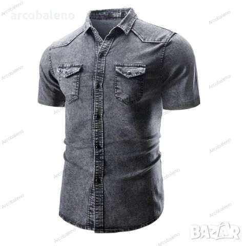 Нова мъжка едноцветна дънкова риза с джобове и къс ръкав, 4цвята , снимка 3 - Ризи - 46446257