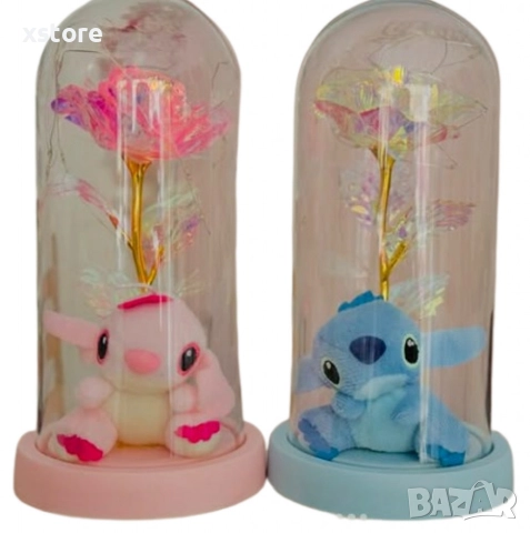 Пластмасова роза с кристален ефект в стъклен купол със Стич и LED светлини, снимка 5 - Други стоки за дома - 52793397