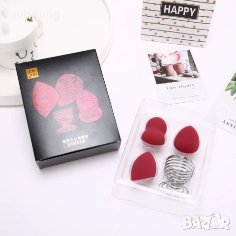 Комплект от 3 бр. тампони за нанасяне на грим по лицето с метална поставка HZS347, снимка 3 - Други - 53922507