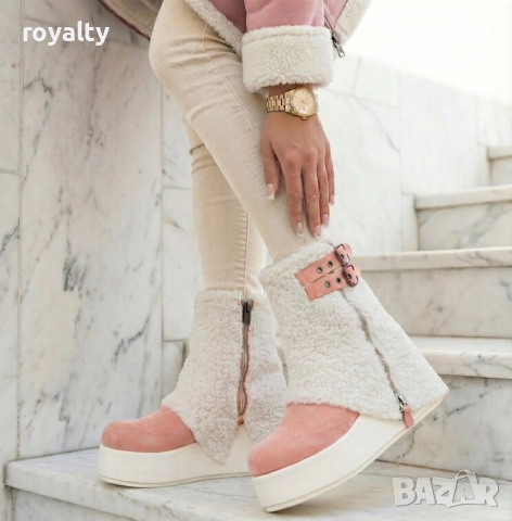 Боти на Платформа - Бежово с Розово Велур