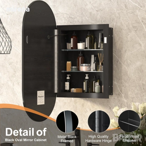 ЛЕД LED огледален шкаф за баня с осветление, 42x80см овален черен, снимка 2 - Шкафове - 53145017