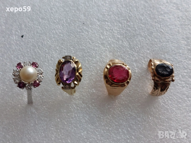 Лот от 4 златни пръстена-диаманти рубин, аметист,оникс,перла,гема,