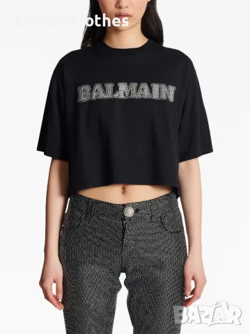 BALMAIN Black Crystal Logo Cropped Дамска Тениска size XS, снимка 1 - Тениски - 47165027