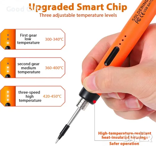 Пълен комплект Безжичен поялник YQLAFT – с USB зареждане, 3 температурни режима и стойка, снимка 7 - Поялници и запояване - 50188039