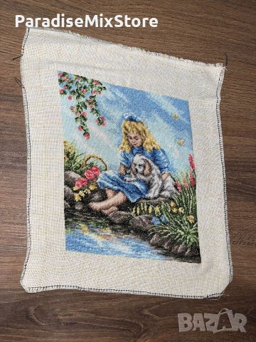 Ръчно бродиран гоблен – Момиче с куче край река (без рамка), снимка 3 - Гоблени - 51478099