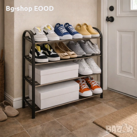 Поставка за обувки, Vilde, 4 отделения, 8-12 чифта, Пластмаса/Метал, Сребристо/Черно, снимка 3 - Етажерки - 53933245