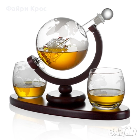 Стъклена бутилка глобус 850мл, 2бр чаши x 200мл, корпоративен подарък за мъже, снимка 5 - Подаръци за мъже - 52799155