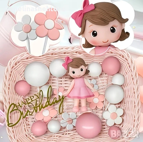 20 броя комплект фигурка принцеса топки цветя топер Happy birthday декорация торта , снимка 3 - Други - 54177765