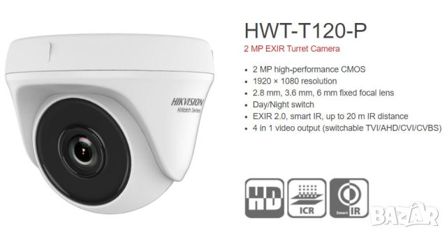 4в1 960H CVBS HD-TVI HD-AHD HD-CVI Водоустойчиви Камери Hikvision HWT-B120-P HWT-T120-P 2MP EXIR 2.0, снимка 5 - HD камери - 45172537