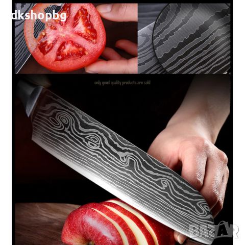 8 ИНЧА С КУТИЙКА  Кухненски нож професионален от японска дамаскова стомана, снимка 4 - Прибори за хранене, готвене и сервиране - 45472174