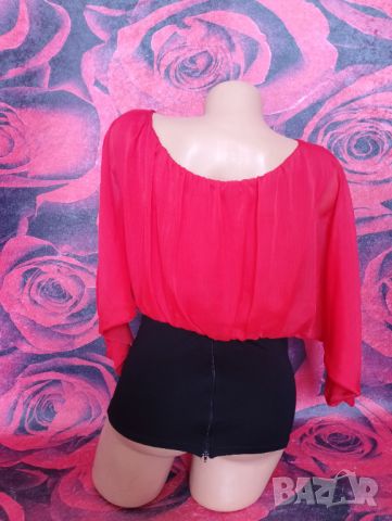 Червено-черна блуза с широка горна част и вталена талия С , снимка 2 - Блузи с дълъг ръкав и пуловери - 46218000