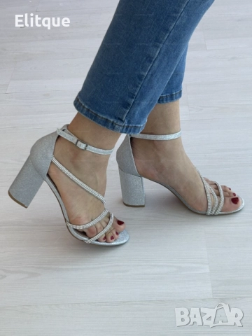 Грациозни дамски сандали с ток и бляскави елементи, снимка 7 - Сандали - 52888874