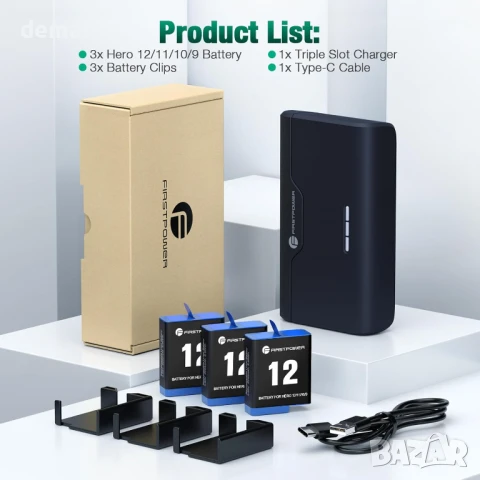 FirstPower Hero 12/11/10/9 Батерии 3 броя 2250mAh и бързо зарядно с три слота, USB, снимка 9 - Батерии, зарядни - 51190382