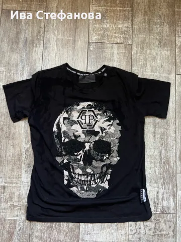 Wow 🤩 Philipp Plein tshart черна оригинална 100% памук памучна тениска голям череп с камъни, снимка 2 - Тениски - 46930437