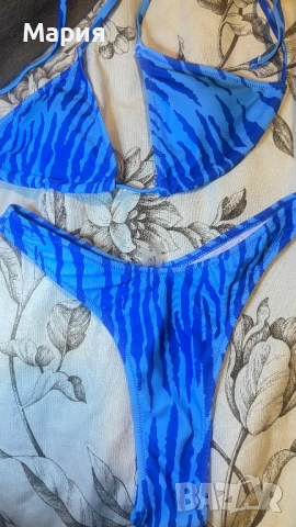 Чисто нов син бански от две части – тигров/зебра принт Размер S