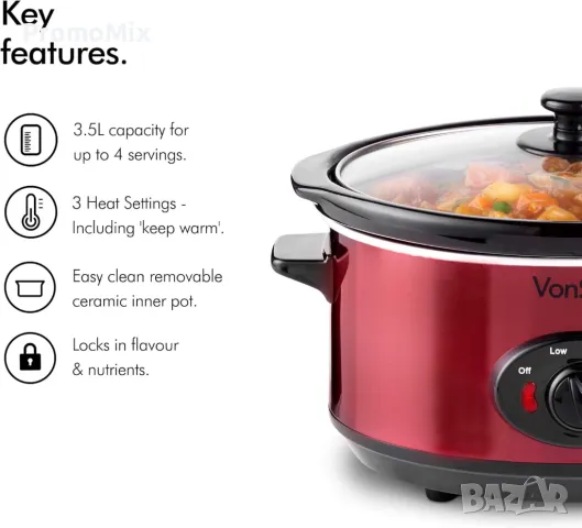 Уред за бавно готвене VonShef 50 339 Slow Cooker 3.5л 170W Съд за готвене с капак, снимка 6 - Мултикукъри - 49206846