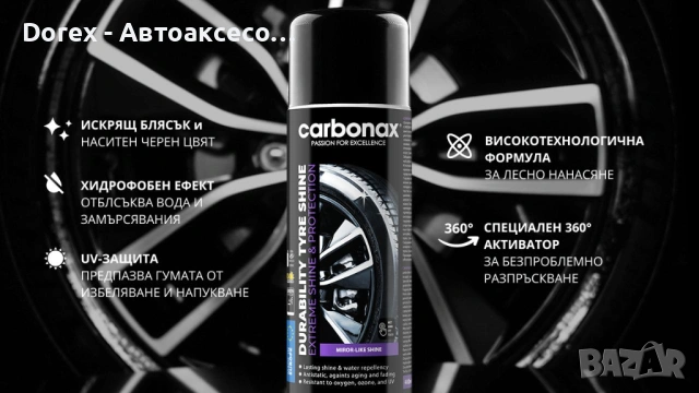Издръжлив спрей за блясък и реновиране на гуми Carbonax 400мл, снимка 2 - Аксесоари и консумативи - 53587183