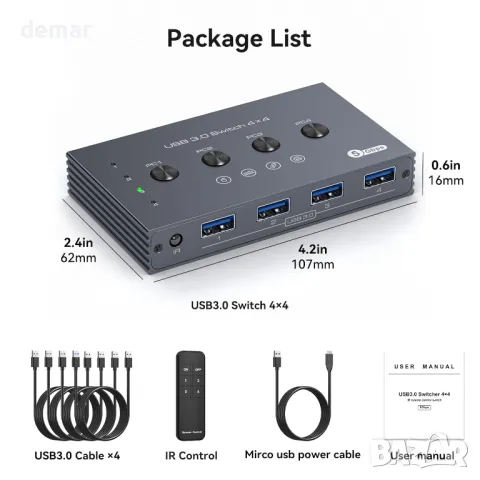 TJCXELE ​​​​USB превключвател, USB 3.0, 4 входа - 4 изхода, дистанционно, 4 USB 3.0 A към A кабела, снимка 7 - Друга електроника - 48498616