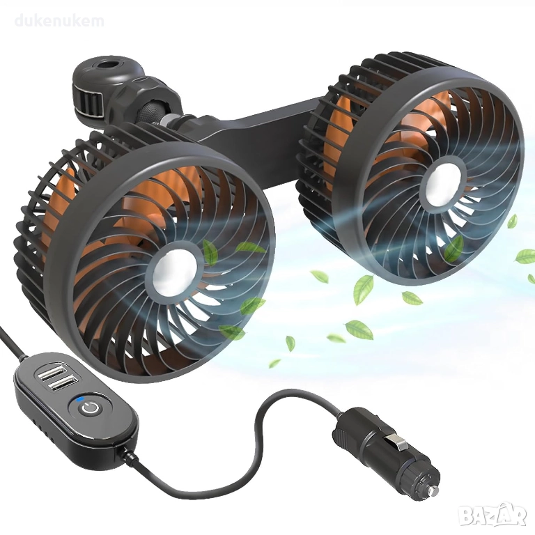 Двоен вентилатор за автомобил 12V/24V – USB & запалка, 360° ротация, 3 скорости, за задната седалка, снимка 1