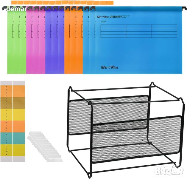 MerryNine Настолен висящ органайзер за папки с файлове A4 15 бр. 5 цвята с раздели и карта, черно, снимка 1
