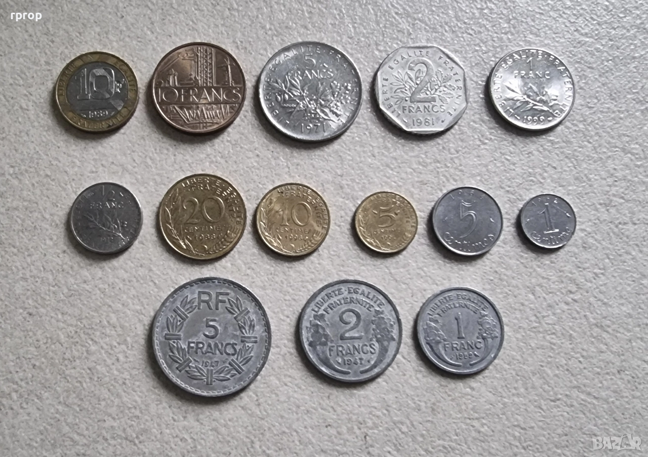 Франция. Колекция .Френски франк . 14 бройки. Различни монети., снимка 1