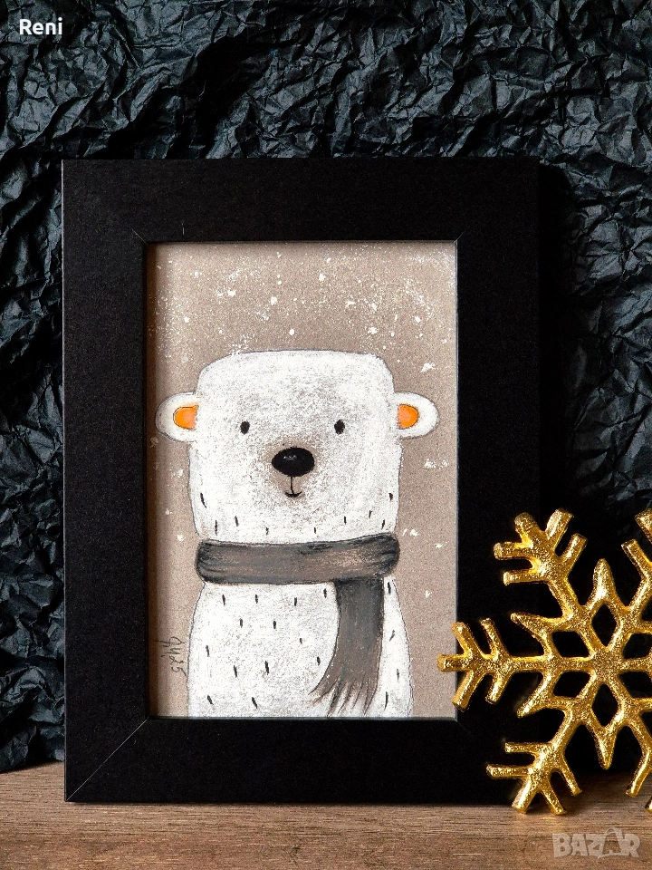 Коледна миниатюра, бяла мечка, пастел, снимка 1