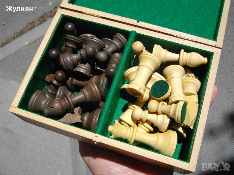 СТАРИ ДЪРВЕНИ ФИГУРИ ЗА ШАХ С КУТИЯ ELITE , снимка 1