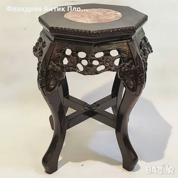 Поставка за цветя с мраморен плот и дърворезба/ниска, снимка 1