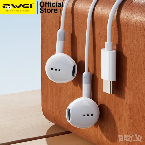 НОВИ Качествени слушалки Earphone Awei Type C с микрофон, със супер Бас! Подходящи за подарък, снимка 1