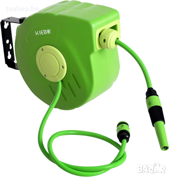 Макара с маркуч 10м+1м зелена за стенен монтаж, снимка 1