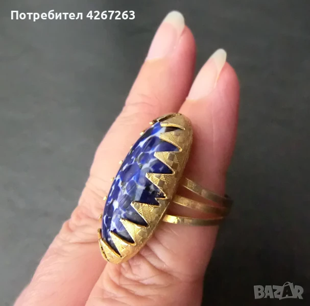 Ретро дамски пръстен с голям кабошон от арт стъкло, снимка 1