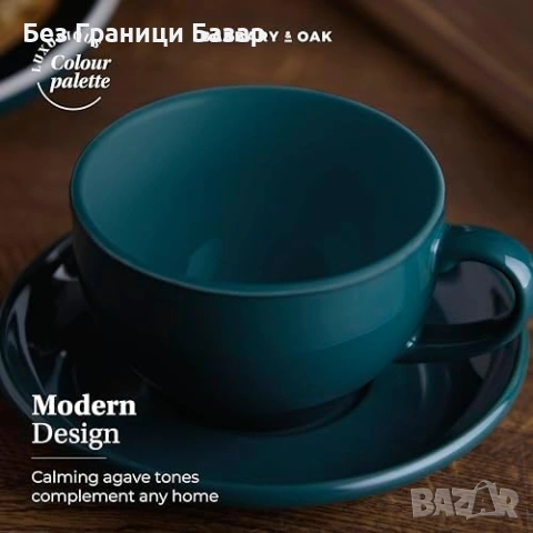 Нов комплект Чаши с чинийки 2 броя 350 мл каменен порцелан за кафе и чай Идеален подарък, снимка 4 - Чаши - 54225939