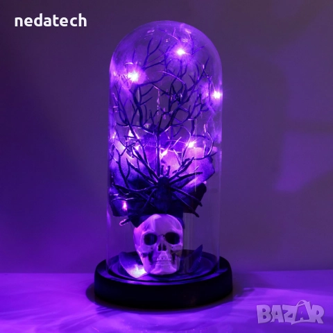 Декоративен купол с череп, паяци и лилави LED светлини, Ø11x20см, снимка 2 - Други стоки за дома - 52165570