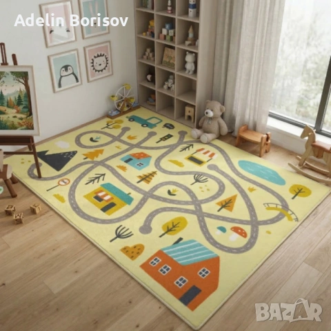 Детски килим за игра 120х160см - Светложълт килим с цветни къщички, противоплъзгащ и миещ се, снимка 2 - Други - 53873166
